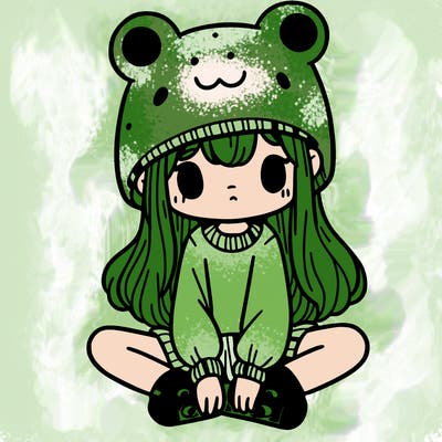 a girl wearing a frog hat and some frog socks