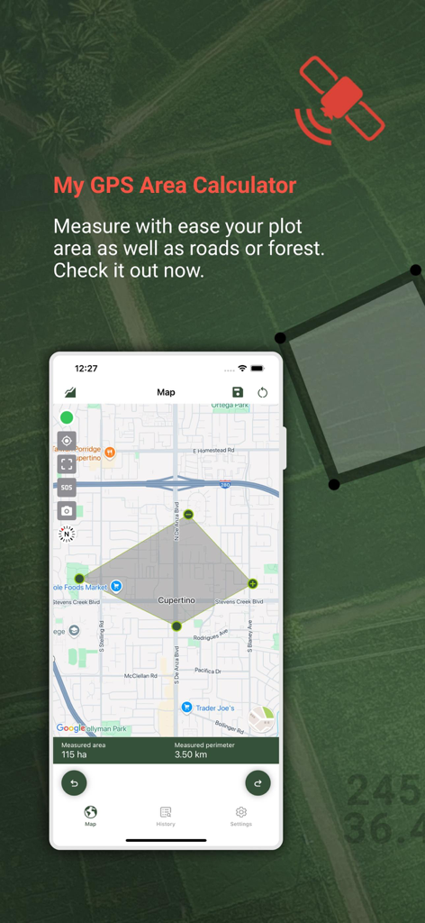 My GPS Area Calculator - Application Mon Calculateur de Surface GPS affichant la mesure de terrain et le périmètre sur une carte