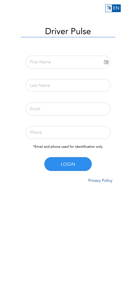 Login screen for the Driver Pulse app by Tenstreet with input fields for name, email, and phone number.