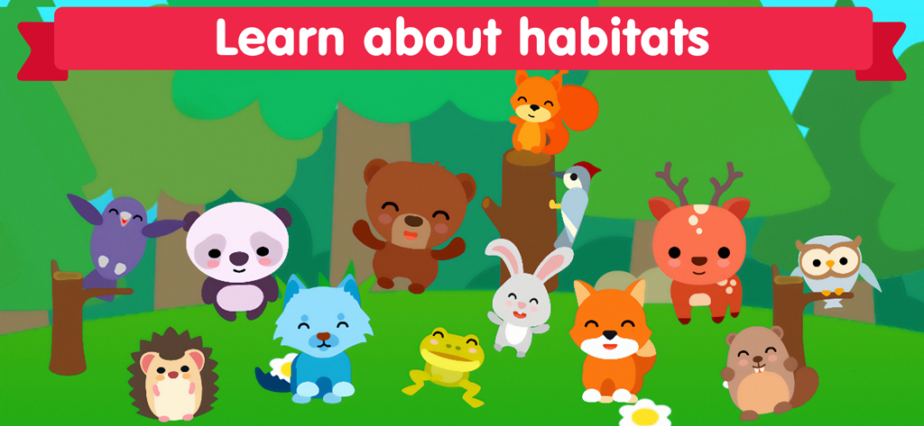 Un gruppo di simpatici animali stilizzati della foresta, tra cui un orso, una volpe e un cervo, in un gioco educativo per bambini piccoli.