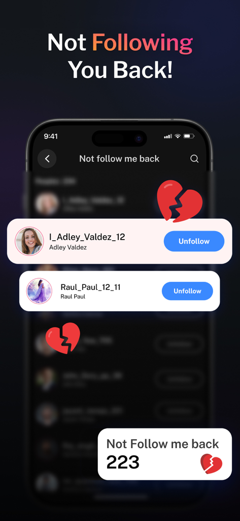 Unfollow Tracker for Instagram - Una pantalla que muestra una lista de usuarios que no siguen de vuelta en Instagram con una opción para dejar de seguir