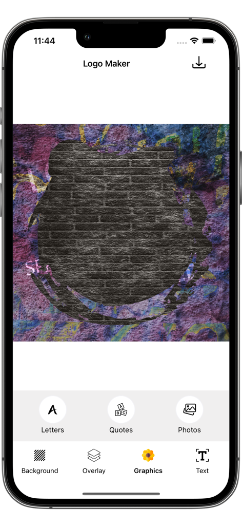 Graffiti Logo Maker app interface showing a brick wall background with urban design tools and graphics options