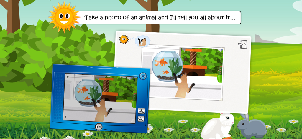 My Pets: Cat & Dog Animal Game - A virtual camera taking a photo of a cat and goldfish bowl in the My Pets educational animal game.