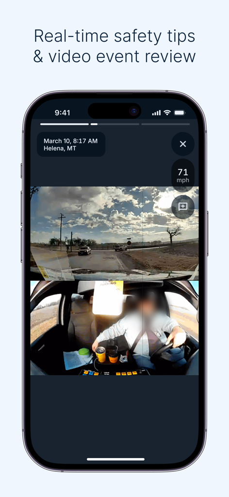 The Samsara Driver app interface displaying a dual-view video recording of the road and the driver with safety tips and vehicle speed.
