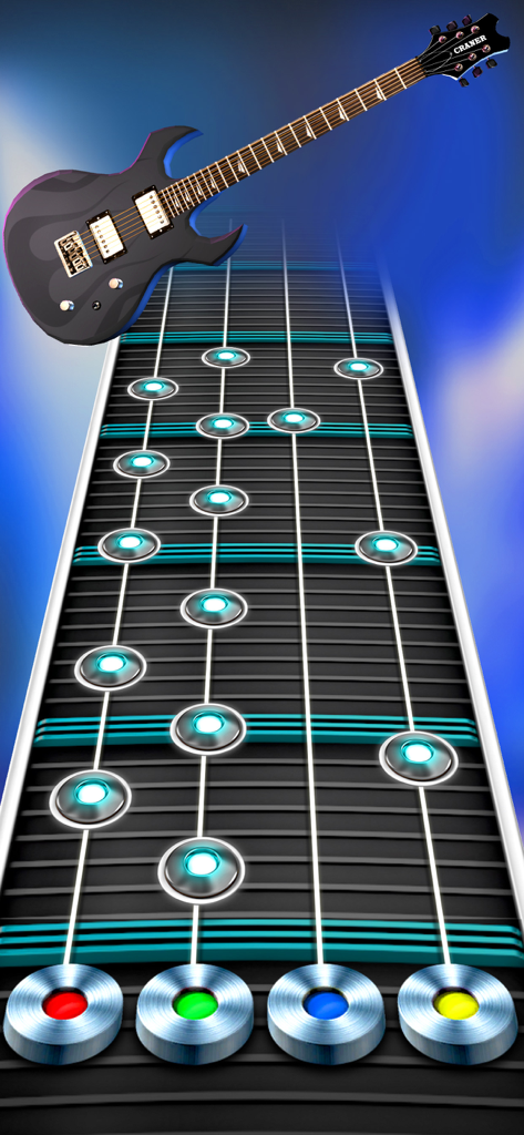 Una tastiera di chitarra verticale con note musicali luminose che si muovono verso quattro pulsanti colorati nel gioco mobile Guitar Band Rock Battle.