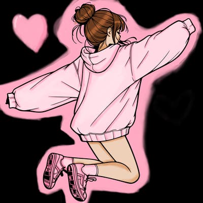 realistic girl jumping with a bun and oversized sweatshirt