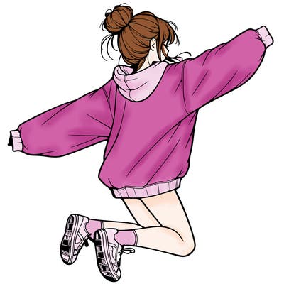 realistic girl jumping with a bun and oversized sweatshirt
