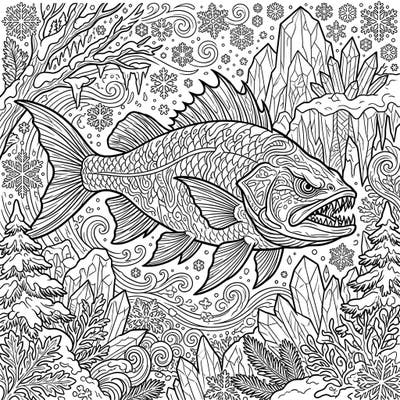 Encounter a magnificent gargantuan fish in this intricately designed coloring page, set against a stunning winter wonderland backdrop. Prepare to bring icy blues and crisp whites to life in a truly epic scene.