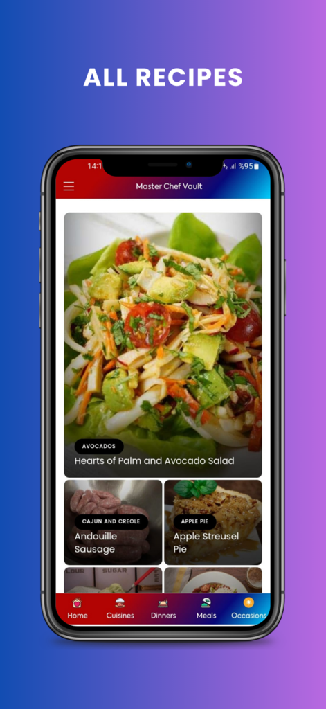 Master Chef Vault: Recipes - Pantalla de la aplicación móvil Master Chef Vault que muestra una lista seleccionada de recetas que incluyen ensalada de aguacate y pastel de streusel de manzana.