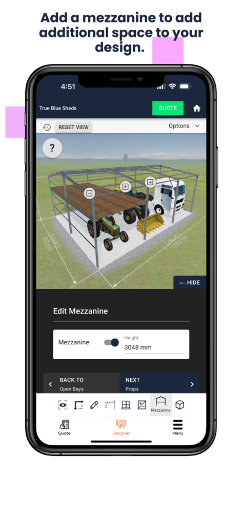 True Blue Sheds, Shed Designer - True Blue Sheds App-Oberfläche, die ein 3D-Stallmodell mit einem anpassbaren Zwischengeschoss zeigt