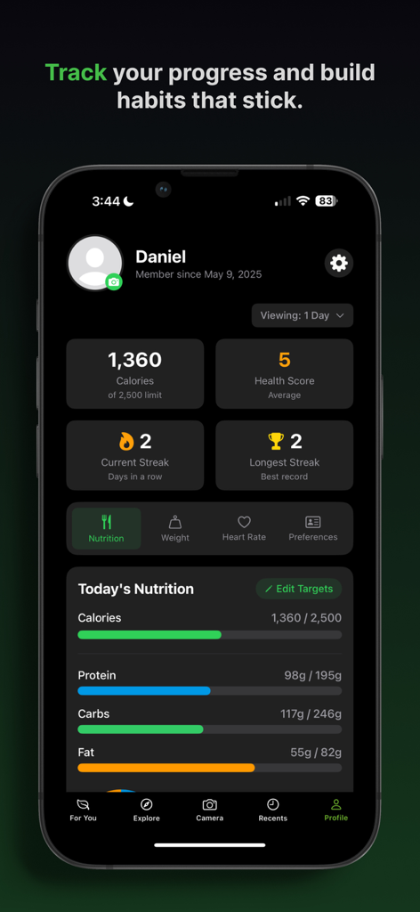 Nutrify AI - Scan Any Product - Nutrify AI user profile dashboard displaying daily nutrition and health statistics