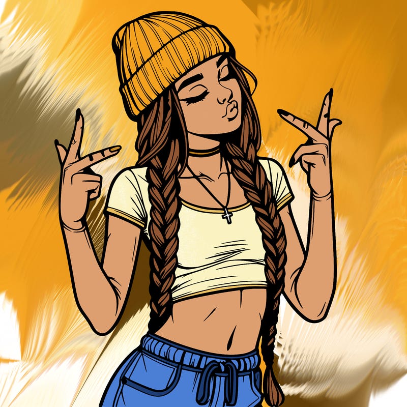 realistic teenage girl with braids and a beanie and crop top doing 🫶🏼