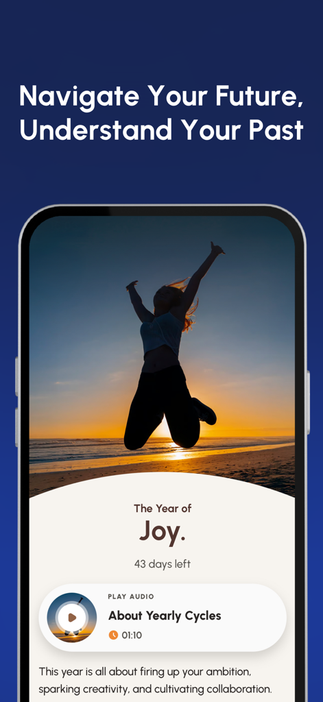 Shadow Work - Mindberg - Mindberg app interface displaying the Yearly Cycles feature with a focus on the Year of Joy and audio guidance