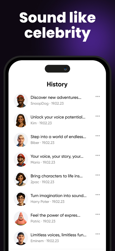 Vozee: Celebrity voice changer - Interface do aplicativo Vozee mostrando um histórico de clipes de voz de celebridades gerados com ícones e texto