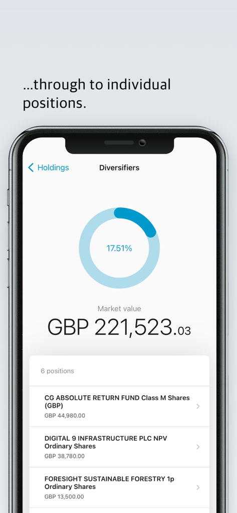 A mobile app interface displaying a wealth management portfolio with a market value in GBP and a list of individual investment positions.