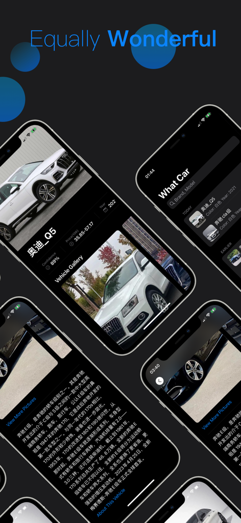 Interfaz de la app What Vehicle mostrando resultados de identificación para un Audi Q5 incluyendo precio y año