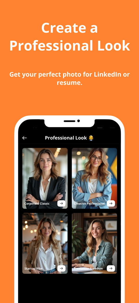 Interfaccia dell'app Filterly che mostra opzioni di headshot professionali generati dall'AI per LinkedIn e curriculum vitae