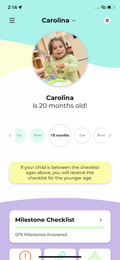 CDC Milestone Tracker app screen showing a child profile for a twenty-month-old and an eighteen-month milestone checklist selection.