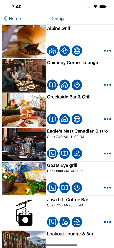 Liste des options de restauration dans l'application mobile Sunshine Village Banff montrant les restaurants et les salons de la station.