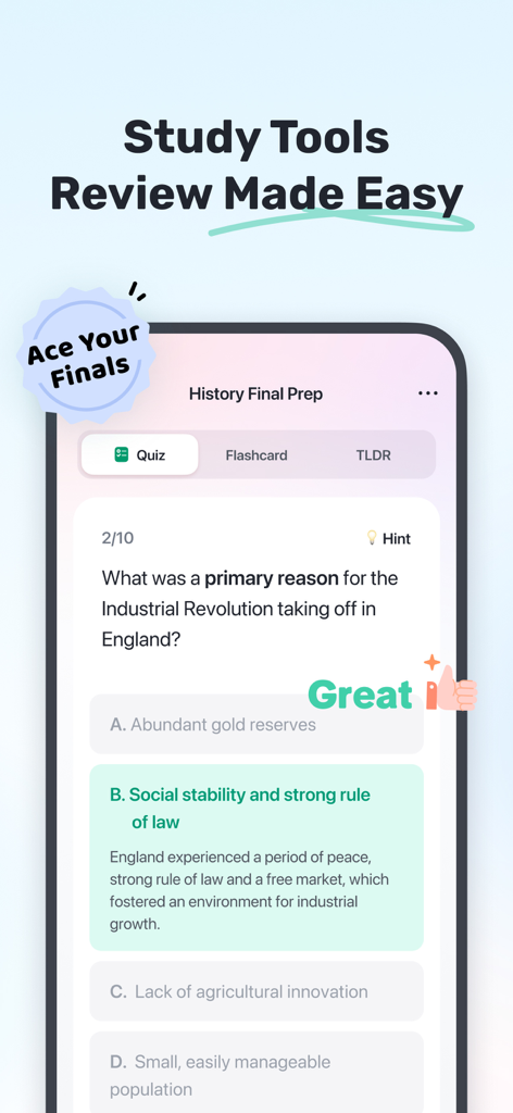 Gauth app interface showing a history final exam preparation quiz