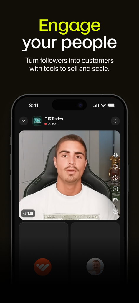 Whop - Un smartphone que muestra la función de transmisión en vivo de la aplicación Whop para que los creadores interactúen con sus seguidores.