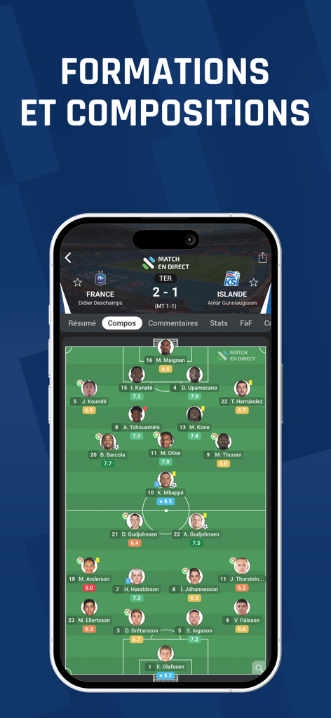 Match en Direct mobile app displaying tactical soccer formations and player ratings for a match between France and Iceland