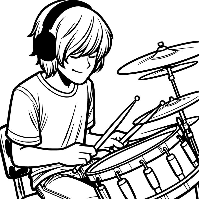teen boy with long  hair headphones on playing drums