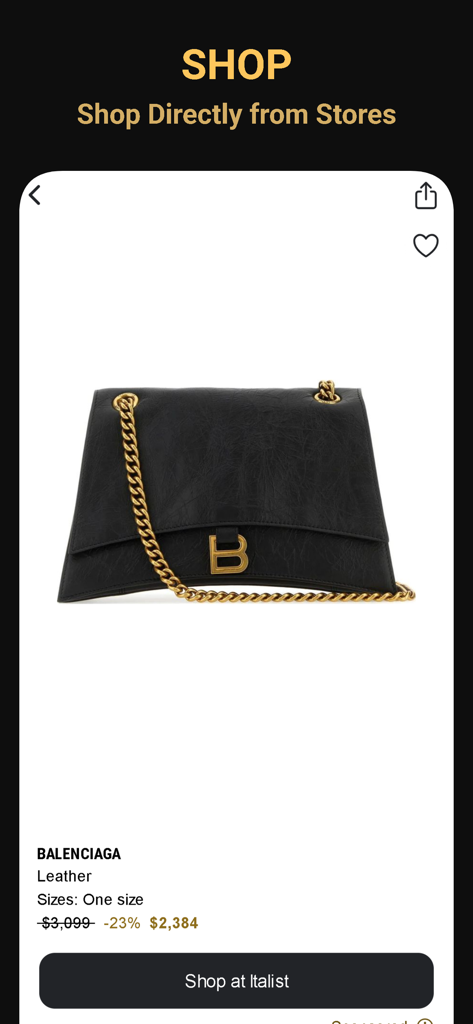Luxury Brands Search｜CHERCHER - Un sac à main de luxe en cuir Balenciaga présenté sur la page produit de l'application CHERCHER avec un prix réduit et un bouton d'achat.