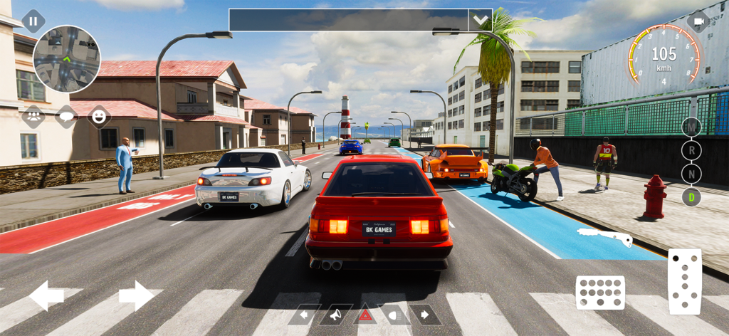 Real Car Parking : Multiplayer - Jugabilidad de Real Car Parking Multiplayer mostrando coches en una calle de la ciudad cerca de un faro.
