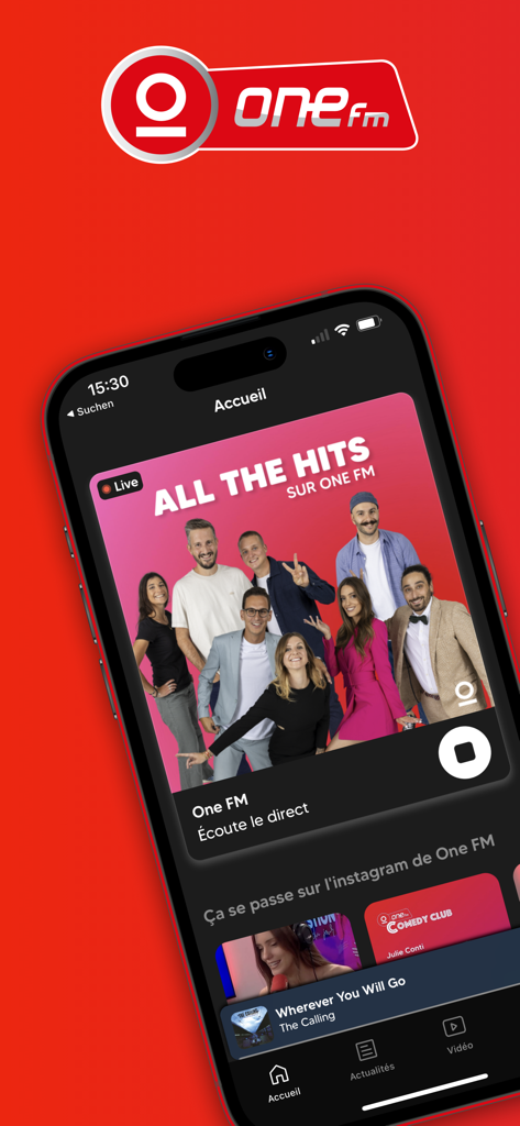 One FM - Interface of the One FM radio application showing the home screen with live player and music options