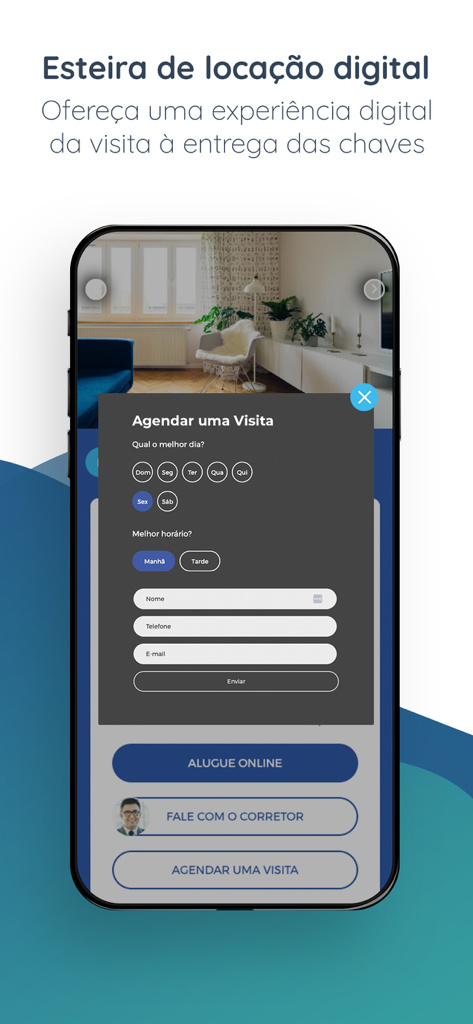 Mobile screen of the Imobzi app showing a digital form to schedule a property visit including date and time selection