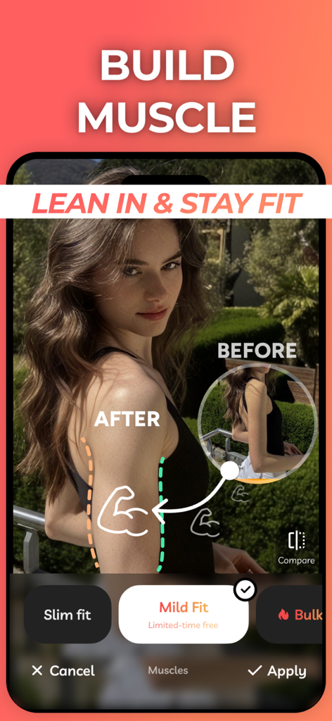AI video editor app interface showing a muscle building and body toning feature for photos and videos