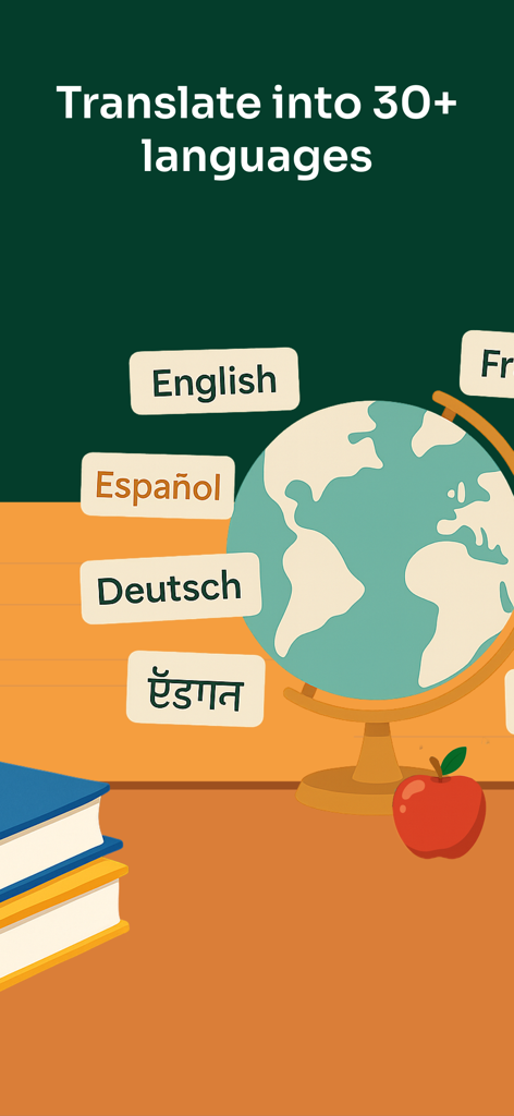 Transcribe Audio to Text Notes - Una ilustración de un globo terráqueo con etiquetas de idiomas que muestra que la aplicación puede traducir notas a más de 30 idiomas.