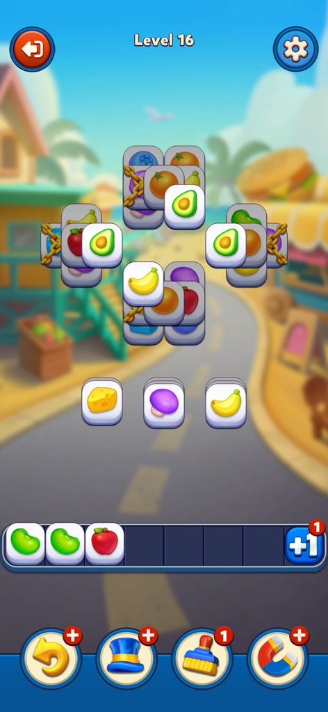 Tile Blast: ASMR Match - Mobile gameplay screen of Tile Blast ASMR Match showing a tile matching puzzle with fruit icons and game props