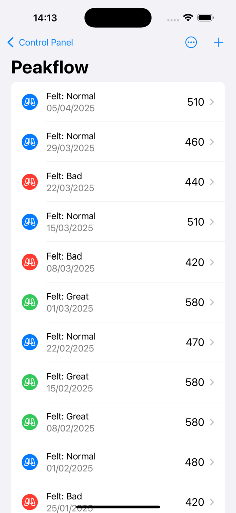 Track My Asthma - A list of peak flow readings and color coded symptoms in the Track My Asthma app