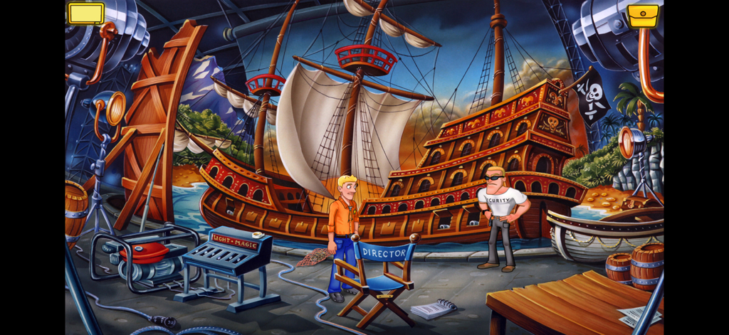 Polda 6 - Detective Pankrac talking to a security guard on a Hollywood movie set with a pirate ship.