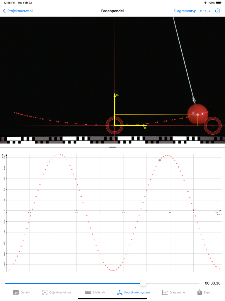 Viana 2 - Viana 2 interface analyzing the motion of a pendulum with real-time graphing.