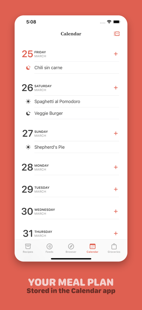Mela - Recipe Manager - Meal planning calendar view in the Mela recipe manager app showing scheduled recipes for the week.