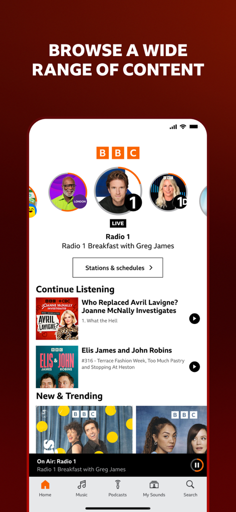 BBC Sounds mobile app home screen showing live radio and podcast recommendations