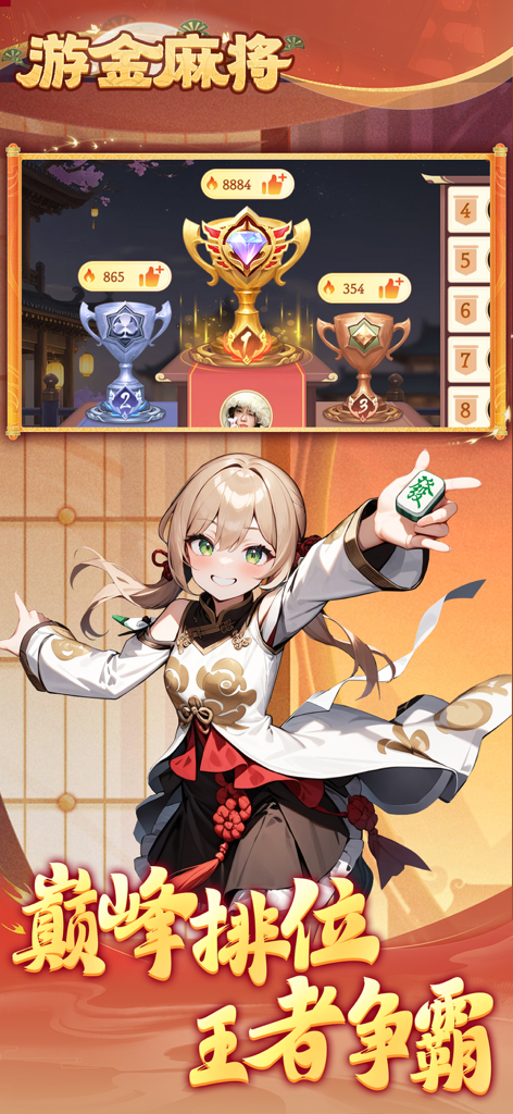 游金麻将 - Youjin Mahjong game screen showing trophies and an anime character holding a Mahjong tile for peak ranking