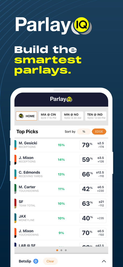 ParlayIQ for Sports Betting - ParlayIQ mobile app interface showing top picks for sports betting with statistical probabilities and projected edge