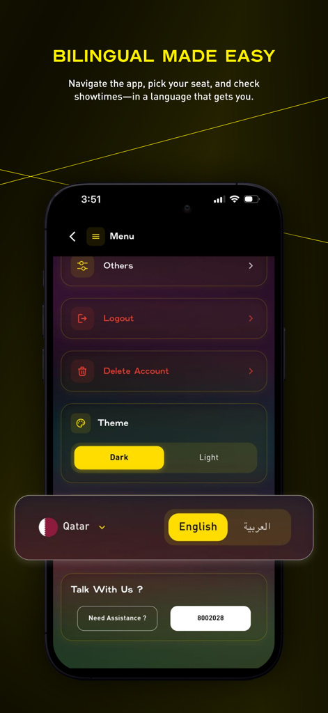 Schermata delle impostazioni dell'app Novo Cinemas che mostra la selezione della lingua bilingue e l'opzione del tema scuro.
