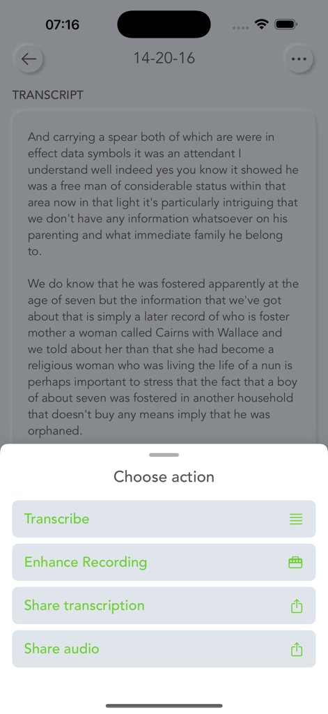 Talk Notes app interface showing a text transcript and a menu with options to transcribe enhance or share
