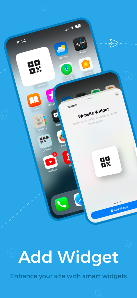 Interface de l'application Tele Tools montrant comment ajouter un widget de site Web intelligent à l'écran d'accueil de l'iPhone