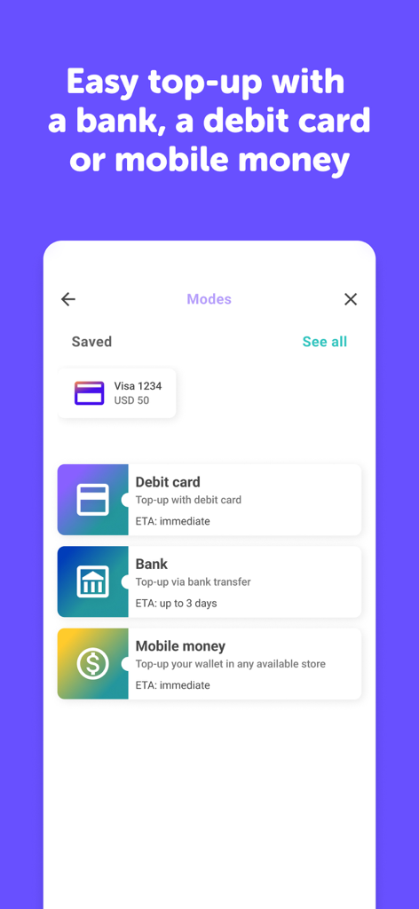 Pyypl app screen showing different funding methods including debit card, bank transfer, and mobile money