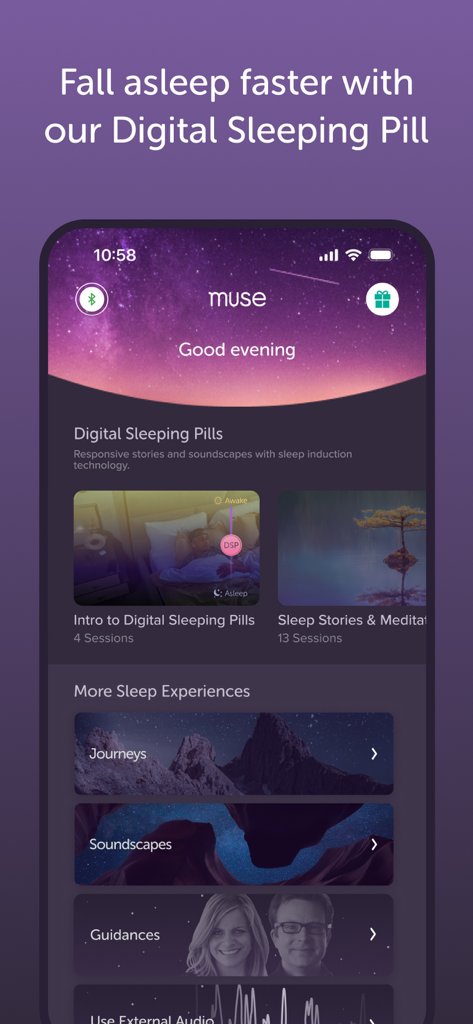Muse 앱 인터페이스에 디지털 수면제 및 수면 사운드스케이프 기능 표시