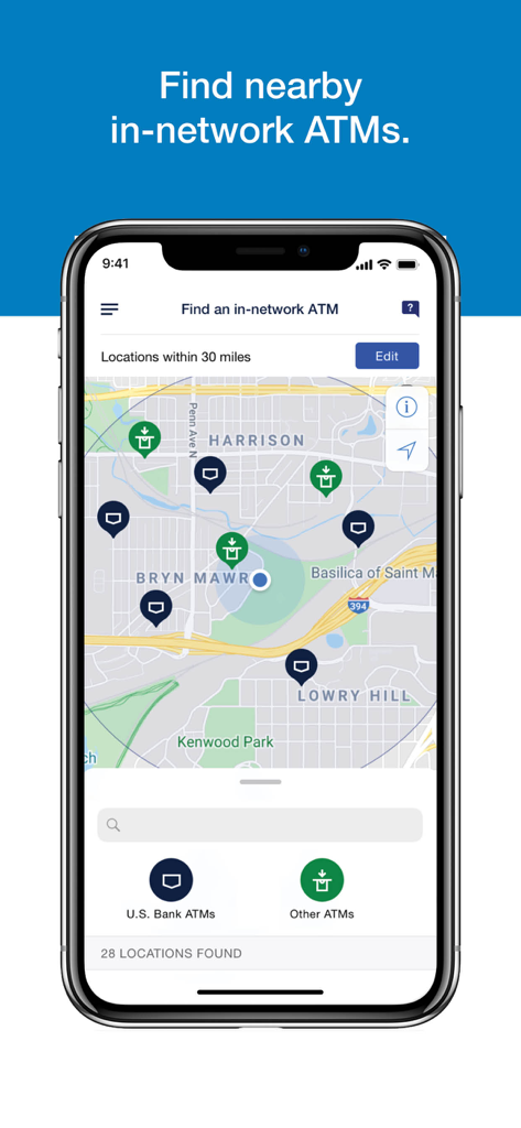 A map interface within the ReliaCard app to find nearby in-network ATMs