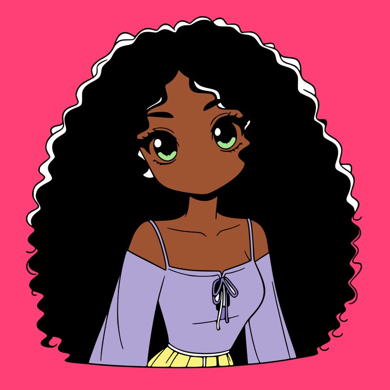 a black anime girl with long afro hair