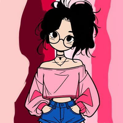 girl with a messy ponytail glasses a baggy crop top and jean shorts