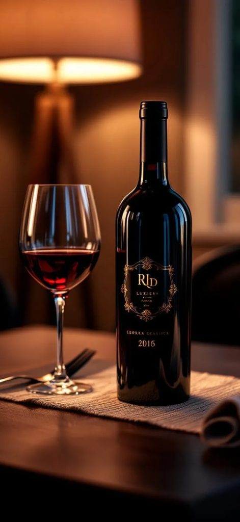 Vino AI: Wine Scanner - Una elegante botella de vino tinto y una copa sobre una mesa en una habitación tenuemente iluminada